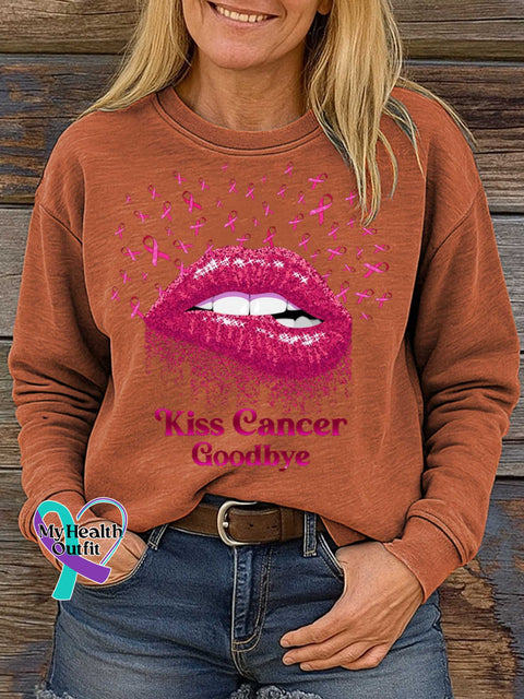 Kiss Cancer Goodbye Breast Cancer Awareness Print Casual Sweatshirt Orange / S