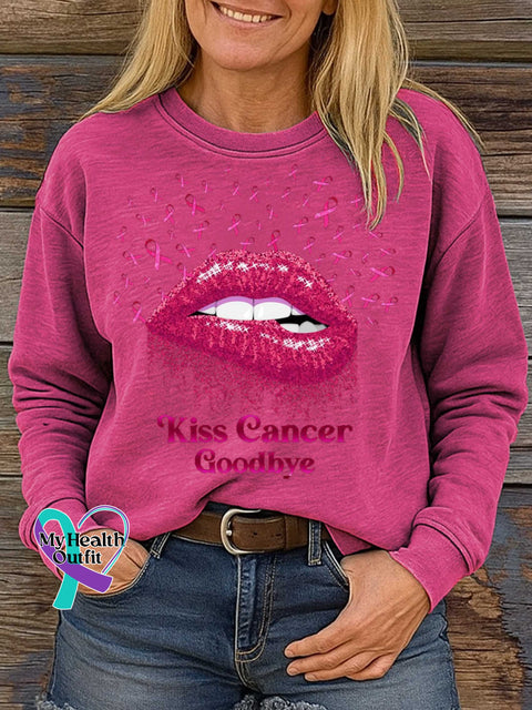 Kiss Cancer Goodbye Breast Cancer Awareness Print Casual Sweatshirt Pink / S