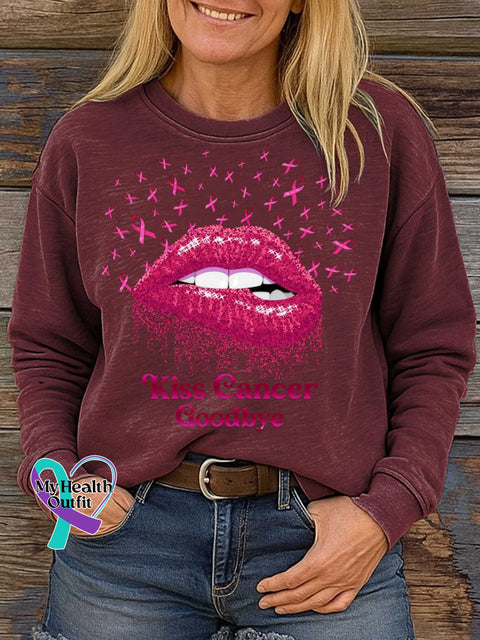 Kiss Cancer Goodbye Breast Cancer Awareness Print Casual Sweatshirt Red / S