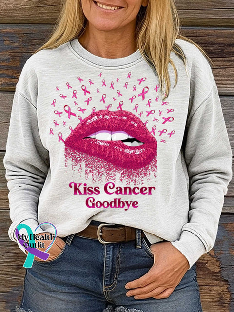 Kiss Cancer Goodbye Breast Cancer Awareness Print Casual Sweatshirt White / S
