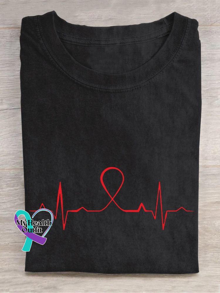 Large Red Awareness Ribbon Aids Beat Print Casual T-Shirt Black / S