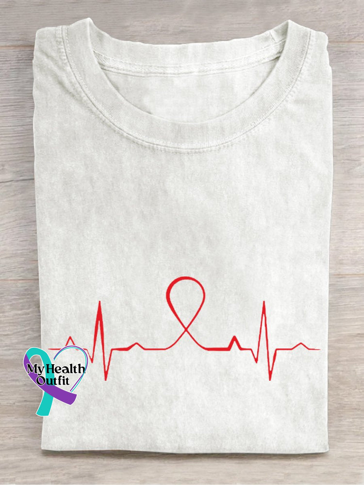 Large Red Awareness Ribbon Aids Beat Print Casual T-Shirt White / S