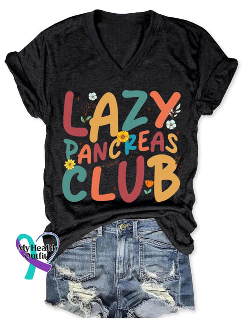 Lazy Pancreas Clue Diabetes Awareness Art Print V-Neck Casual T-Shirt Black / S