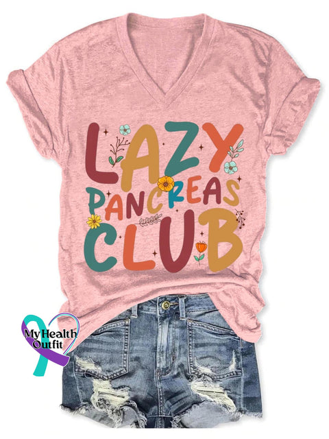 Lazy Pancreas Clue Diabetes Awareness Art Print V-Neck Casual T-Shirt Pink / S