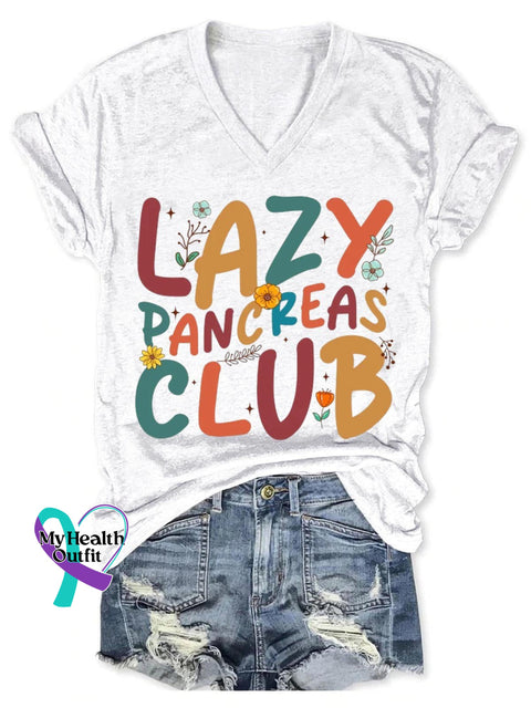 Lazy Pancreas Clue Diabetes Awareness Art Print V-Neck Casual T-Shirt White / S