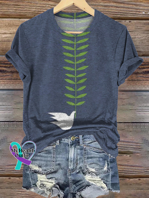 Leaves and doves print casual round neck short sleeve T-shirt Multicolor / S