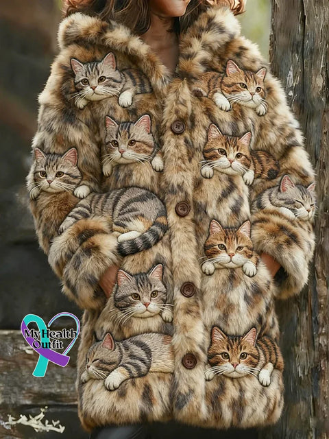 Leopard Print Cat Cozy Knit Hooded Cardigan Multicolor / S