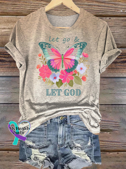 Let Go Let God Butterfly Print Casual Round Neck Short Sleeve T-Shirt Multicolor / S