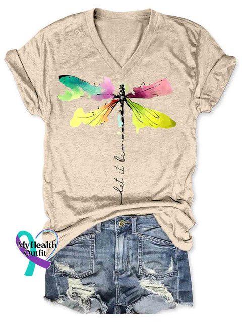 Let It Be Dragonfly Art V neck Casual T Shirt Apricot / S