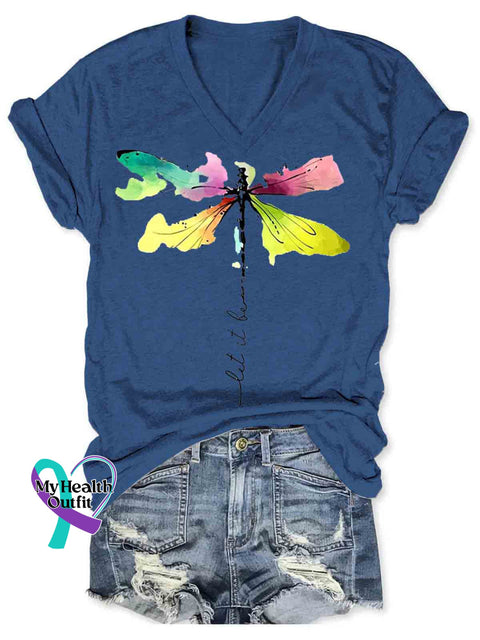 Let It Be Dragonfly Art V neck Casual T Shirt Blue / S