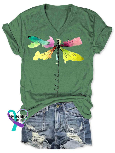 Let It Be Dragonfly Art V neck Casual T Shirt Green / S