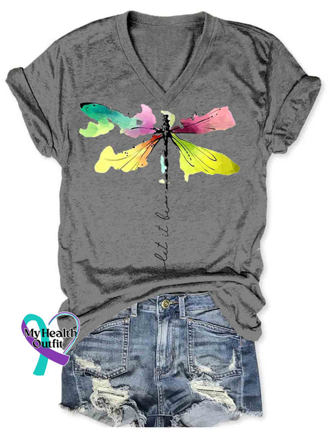 Let It Be Dragonfly Art V neck Casual T Shirt Grey / S