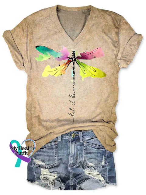 Let It Be Dragonfly Art V neck Casual T Shirt Khaki / S