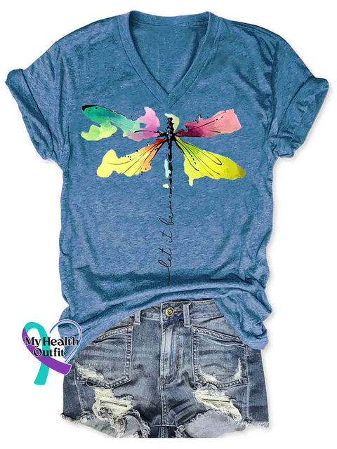 Let It Be Dragonfly Art V neck Casual T Shirt LightBlue / S