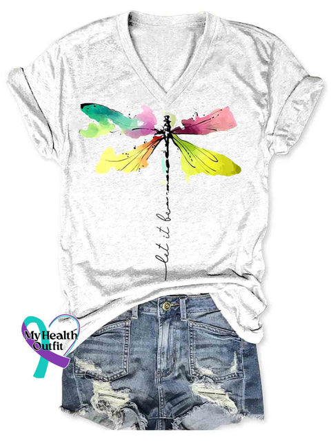 Let It Be Dragonfly Art V neck Casual T Shirt White / S