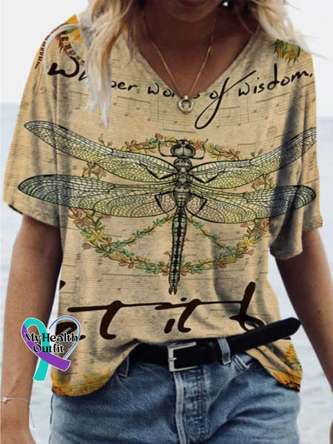 Let It Be Dragonfly Printed Loose Casual V-Neck Short Sleeve T-Shirt Multicolor / S