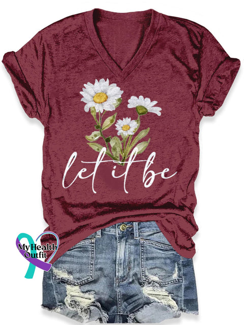 Let It Be Flower Art Print Casual T-Shirt Maroon / S