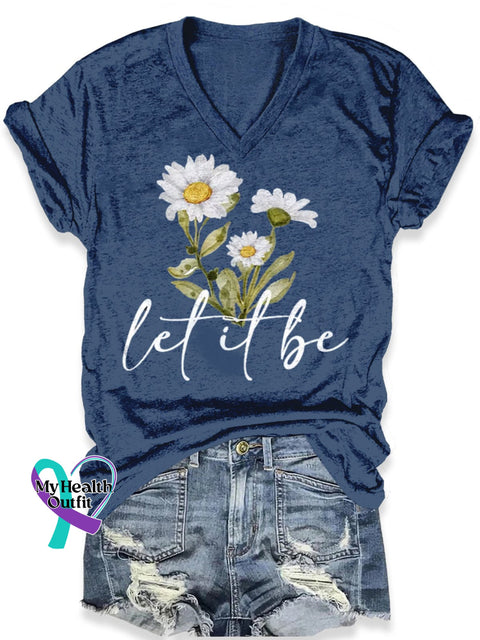 Let It Be Flower Art Print Casual T-Shirt Navy Blue / S