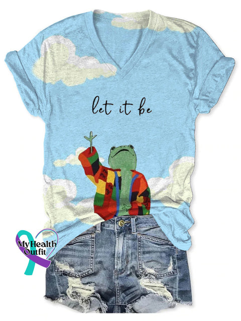 Let It Be Funny Frog Art Print V-neck Casual T-Shirt Multicolor / S