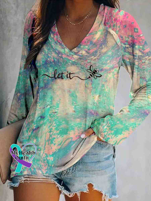 Let It Bee Abstract Art V Neck Long Sleeve Tops Multicolor / S