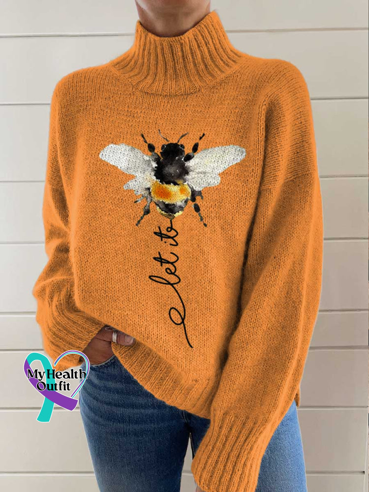 Let It Bee Art Print Knit Turtleneck Pullover Sweater Orange / S