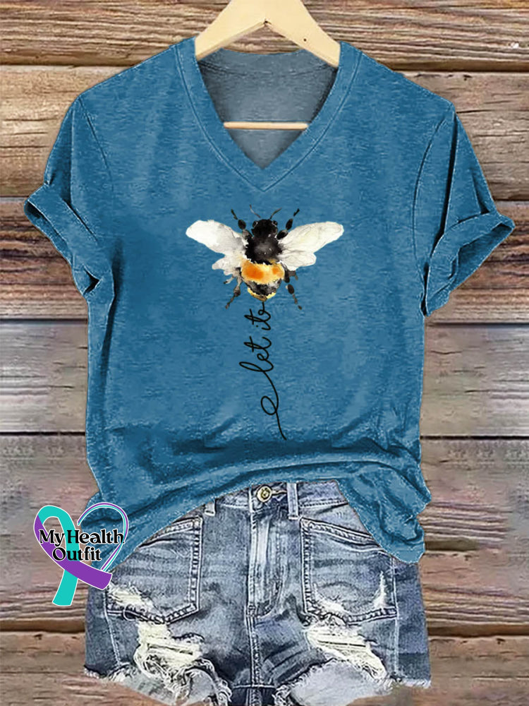Let It Bee Art Print V-neck Casual Cotton T-Shirt Blue / S