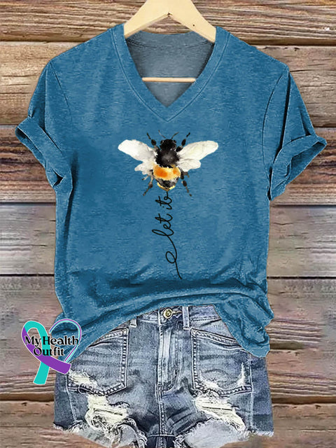 Let It Bee Art Print V-neck Casual Cotton T-Shirt Blue / S