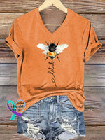Let It Bee Art Print V-neck Casual Cotton T-Shirt Orange / S