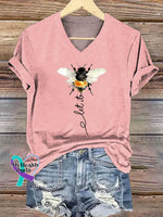 Let It Bee Art Print V-neck Casual Cotton T-Shirt Pink / S
