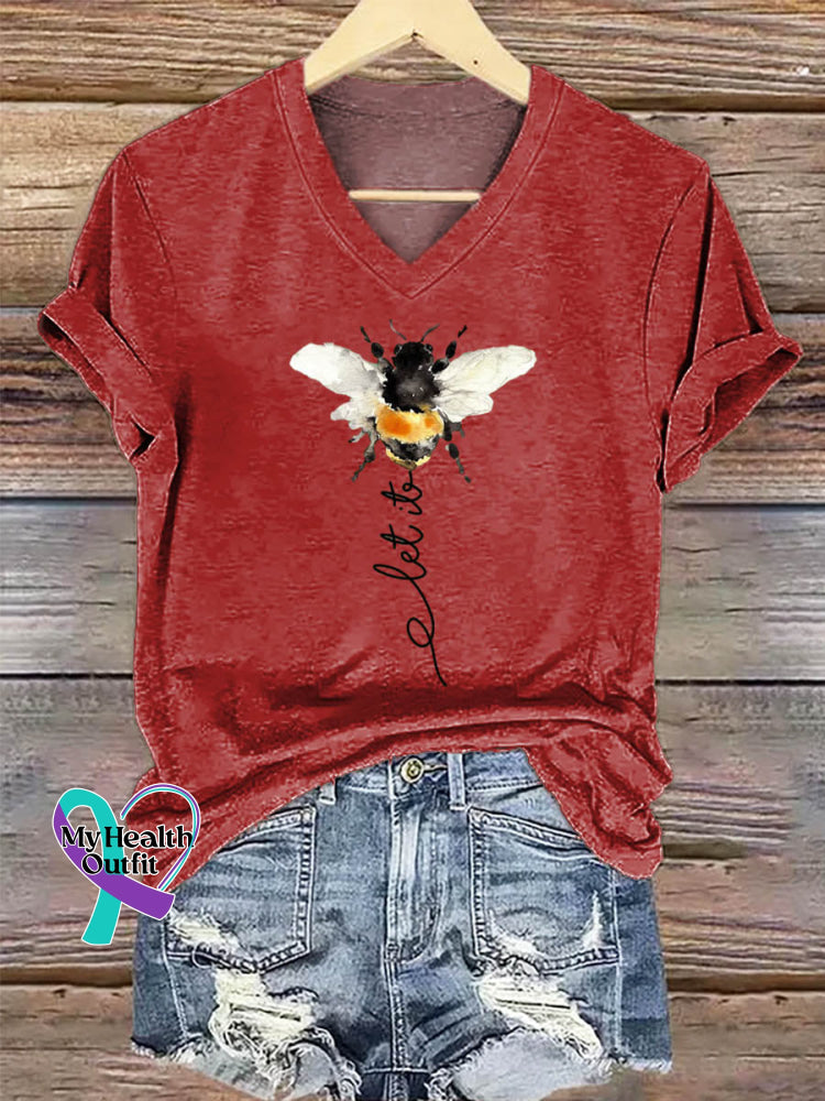Let It Bee Art Print V-neck Casual Cotton T-Shirt Red / S