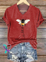 Let It Bee Art Print V-neck Casual Cotton T-Shirt Red / S