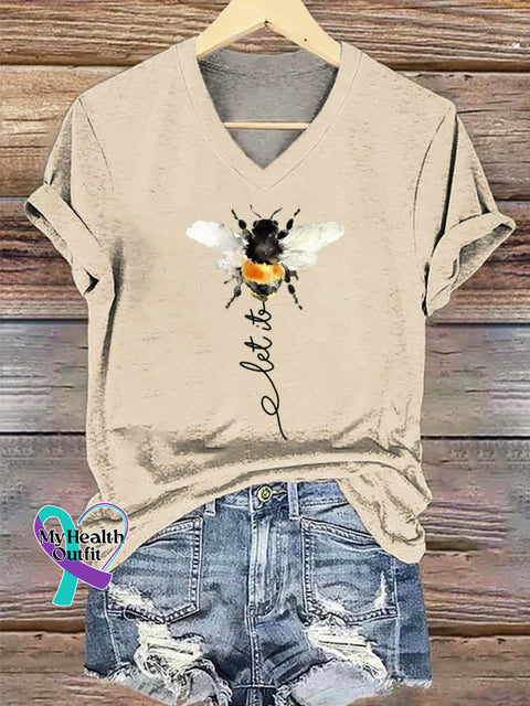 Let It Bee Art Print V-neck Casual Cotton T-Shirt Sand / S