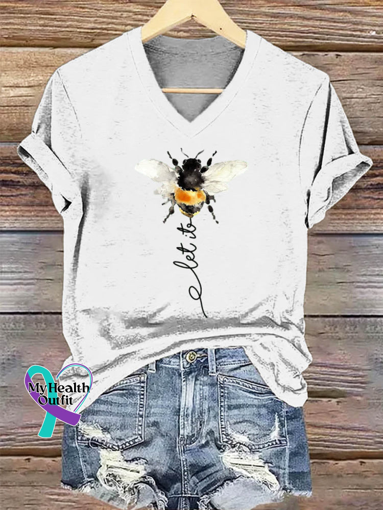 Let It Bee Art Print V-neck Casual Cotton T-Shirt White / S