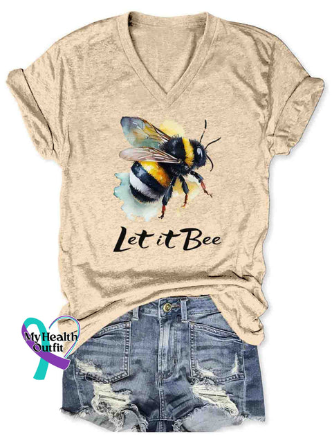 Let It Bee Art V-neck Casual T-Shirt Apricot / S