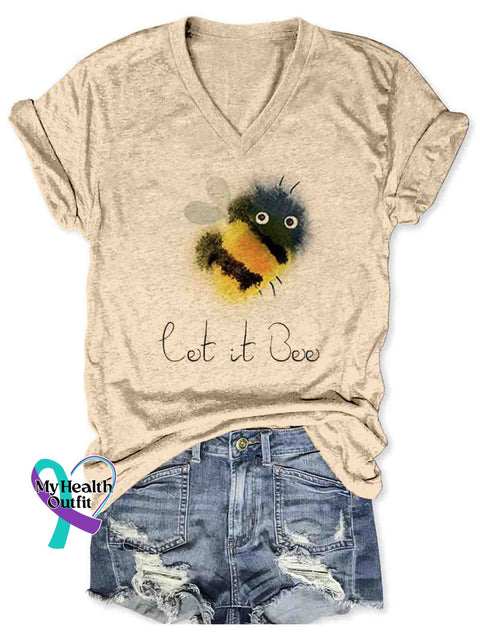 Let It Bee Art V-neck Casual T-Shirt Apricot / S