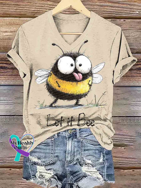 Let It Bee Art V-neck Casual T-Shirt Apricot / S