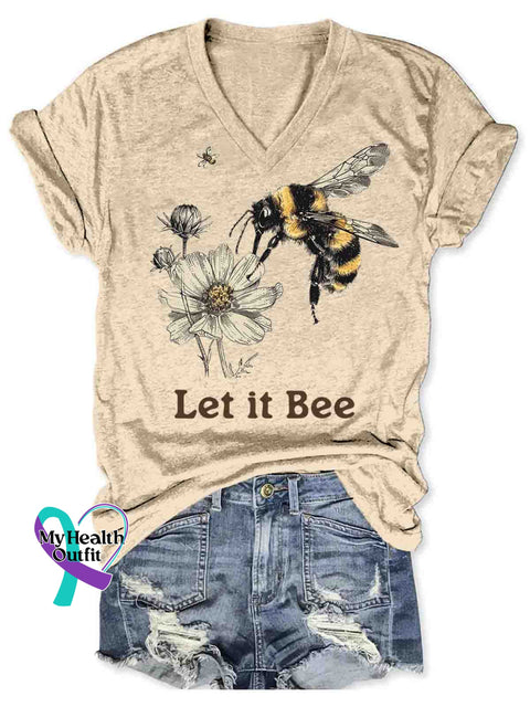 Let It Bee Art V-neck Casual T-Shirt Apricot / S