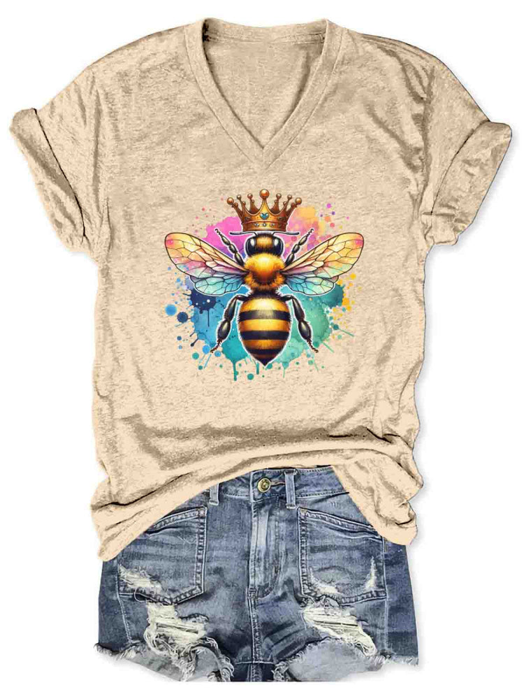 Let It Bee Art V-neck Casual T-Shirt Apricot / S
