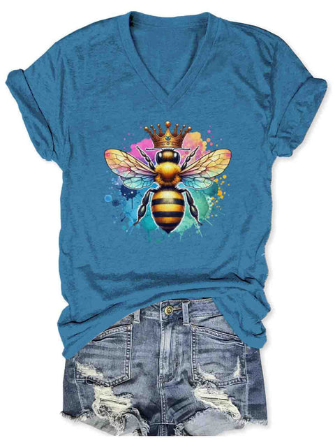 Let It Bee Art V-neck Casual T-Shirt Blue / S