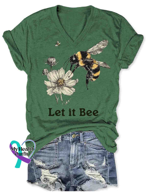 Let It Bee Art V-neck Casual T-Shirt Green / S