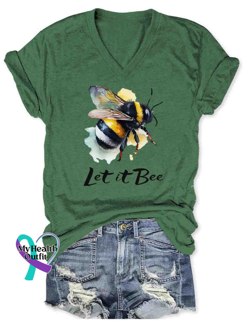 Let It Bee Art V-neck Casual T-Shirt Green / S