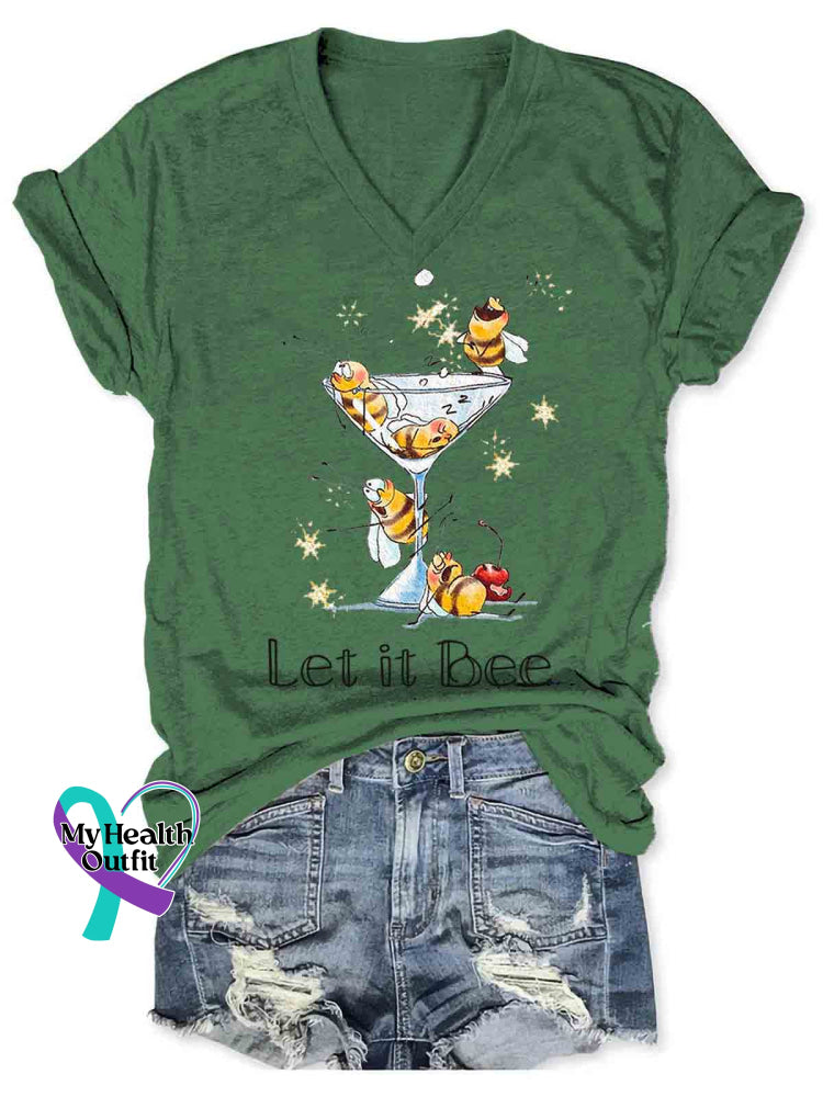 Let It Bee Art V-neck Casual T-Shirt Green / S