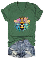 Let It Bee Art V-neck Casual T-Shirt Green / S