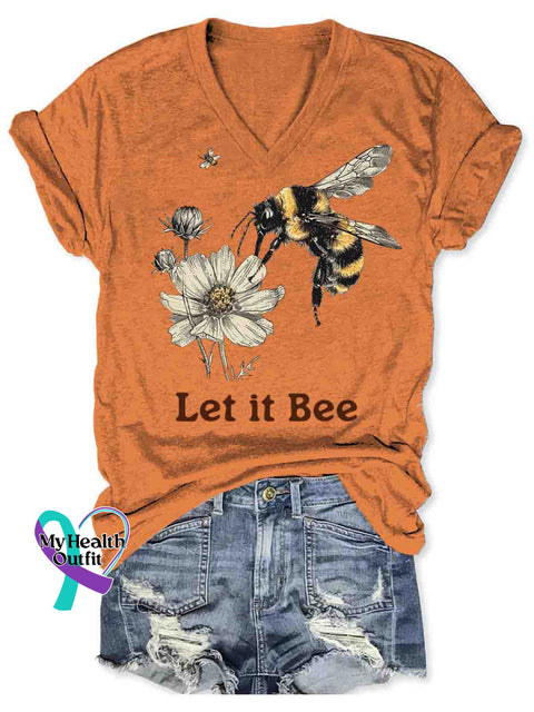 Let It Bee Art V-neck Casual T-Shirt Orange / S