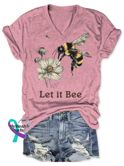Let It Bee Art V-neck Casual T-Shirt Pink / S