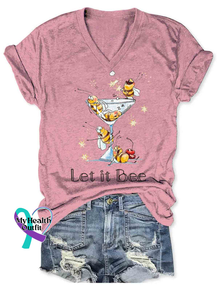 Let It Bee Art V-neck Casual T-Shirt Pink / S