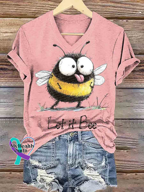 Let It Bee Art V-neck Casual T-Shirt Pink / S