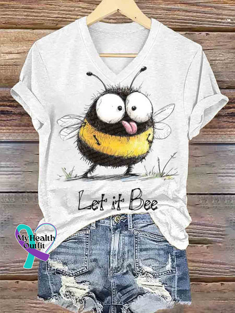 Let It Bee Art V-neck Casual T-Shirt White / S