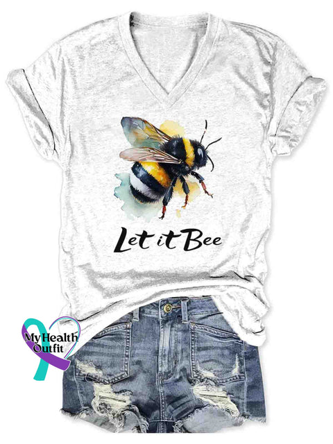 Let It Bee Art V-neck Casual T-Shirt White / S