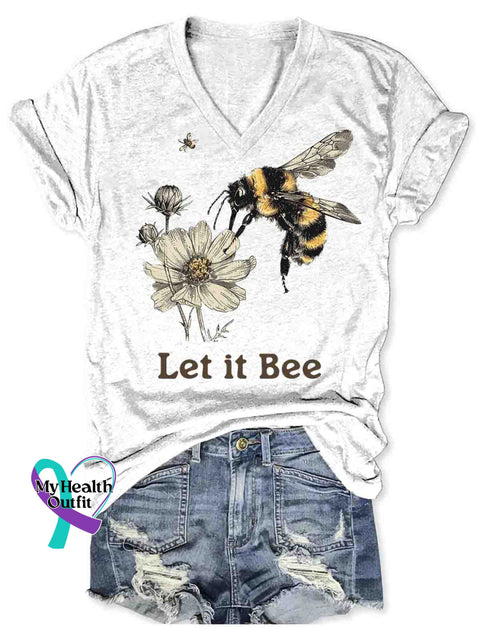 Let It Bee Art V-neck Casual T-Shirt White / S